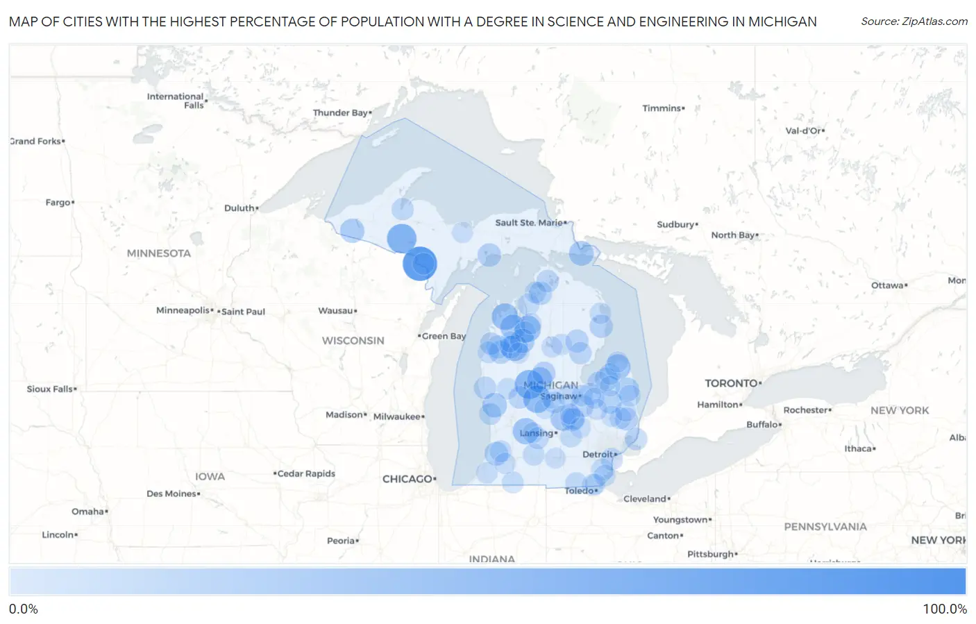 Cities with the Highest Percentage of Population with a Degree in Science and Engineering in Michigan Map