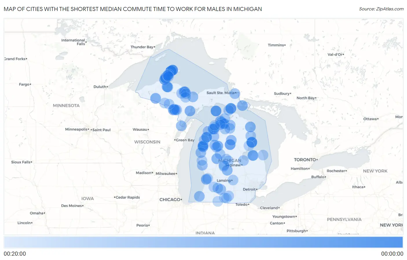 Cities with the Shortest Median Commute Time to Work for Males in Michigan Map