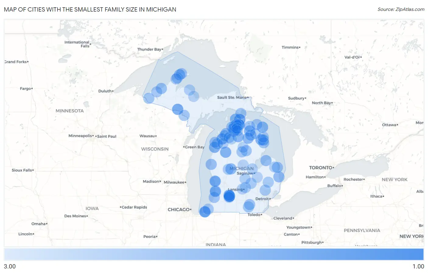 Cities with the Smallest Family Size in Michigan Map