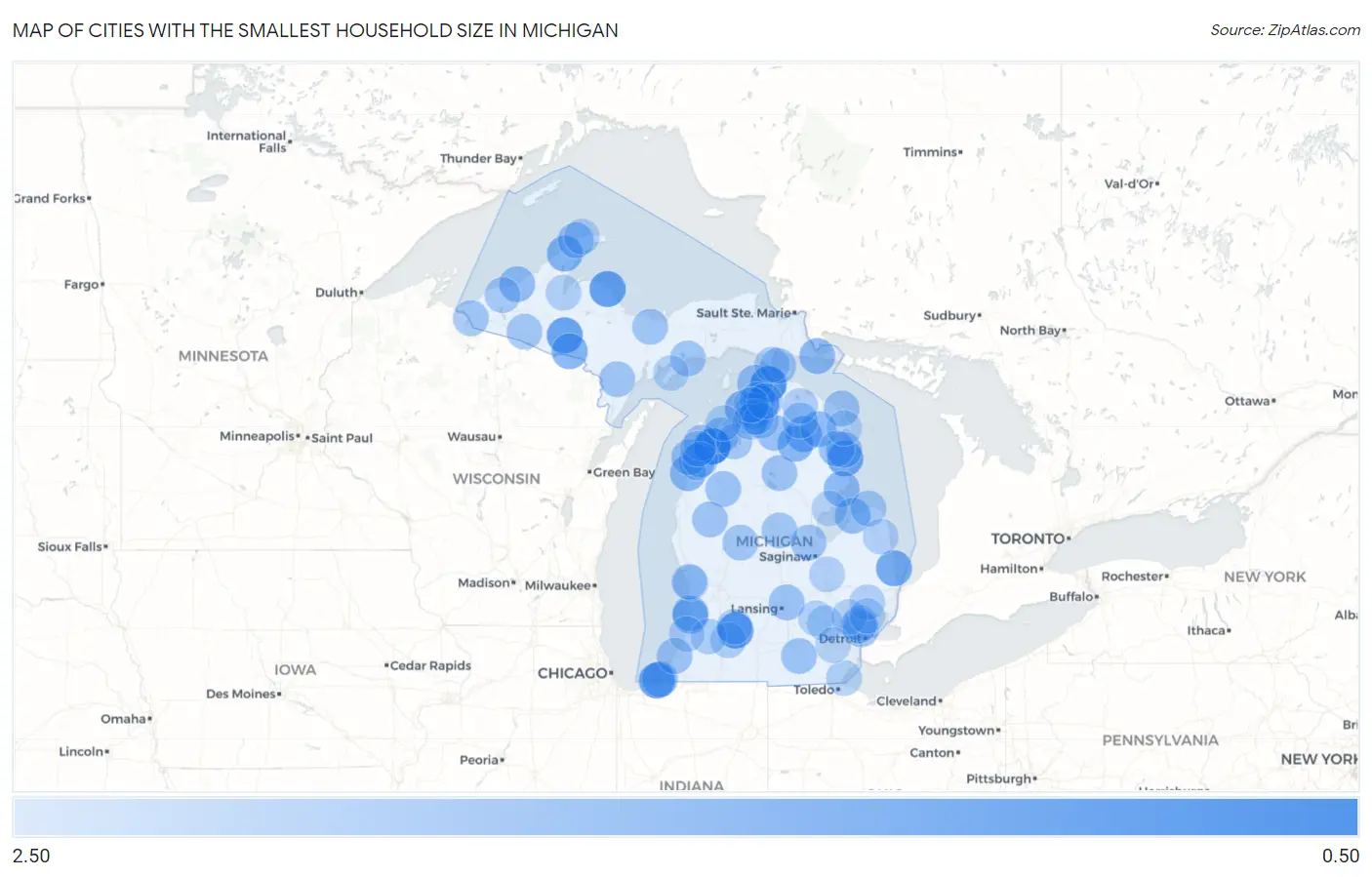 Cities with the Smallest Household Size in Michigan Map