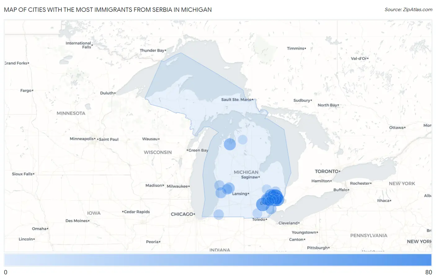 Cities with the Most Immigrants from Serbia in Michigan Map