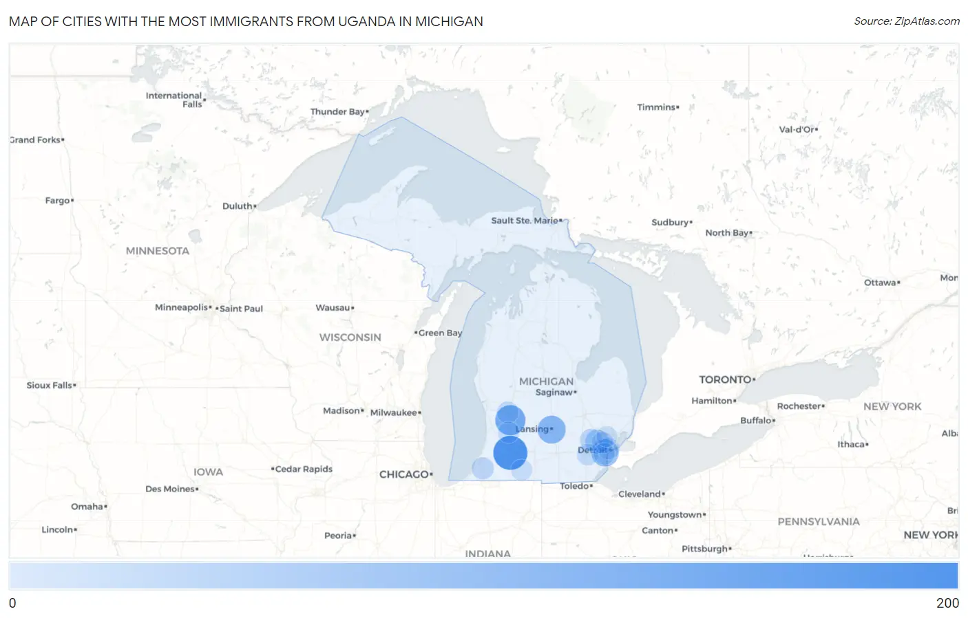Cities with the Most Immigrants from Uganda in Michigan Map