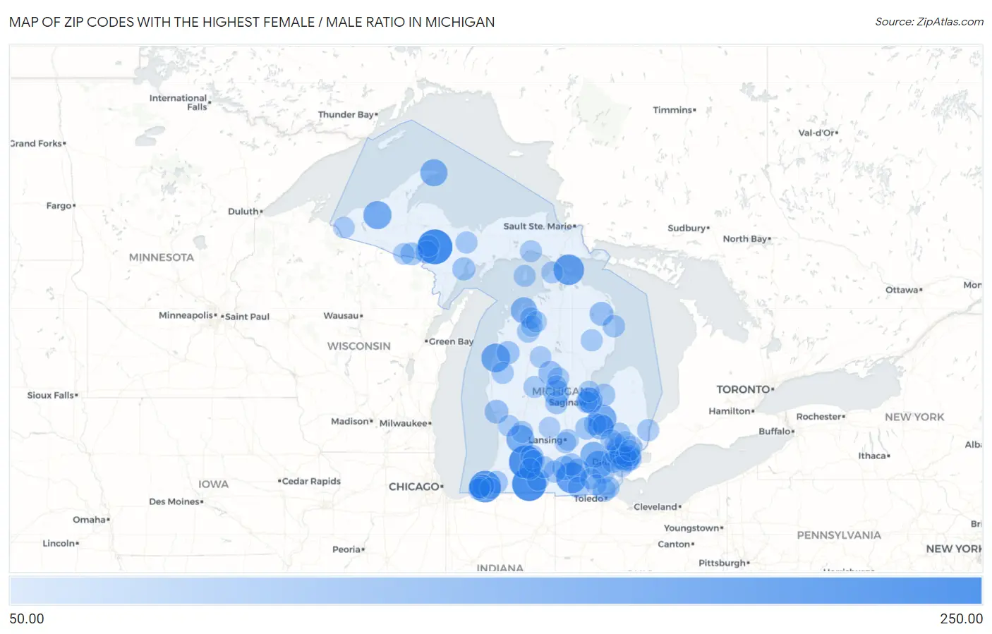 Zip Codes with the Highest Female / Male Ratio in Michigan Map