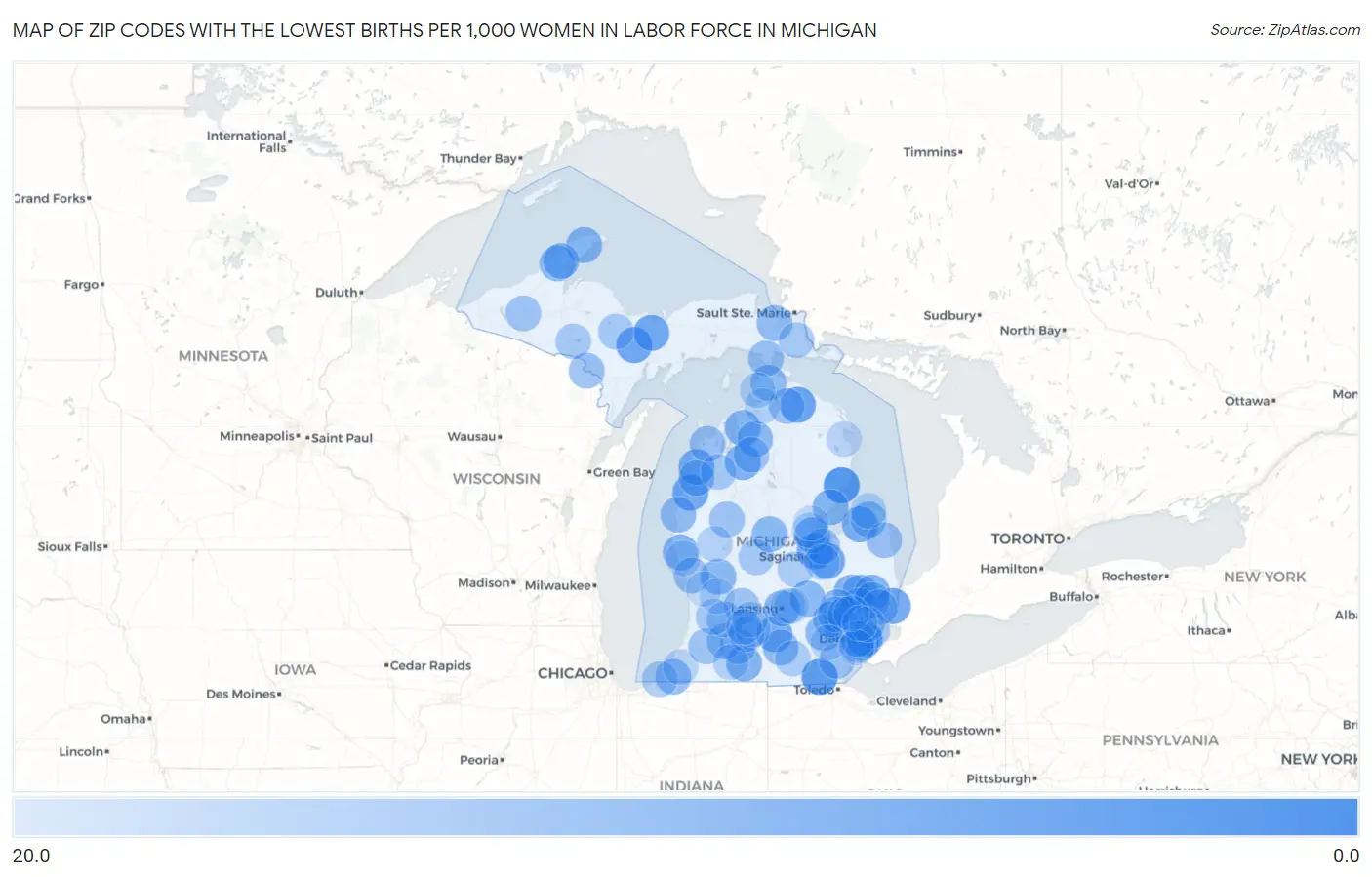 Zip Codes with the Lowest Births per 1,000 Women in Labor Force in Michigan Map
