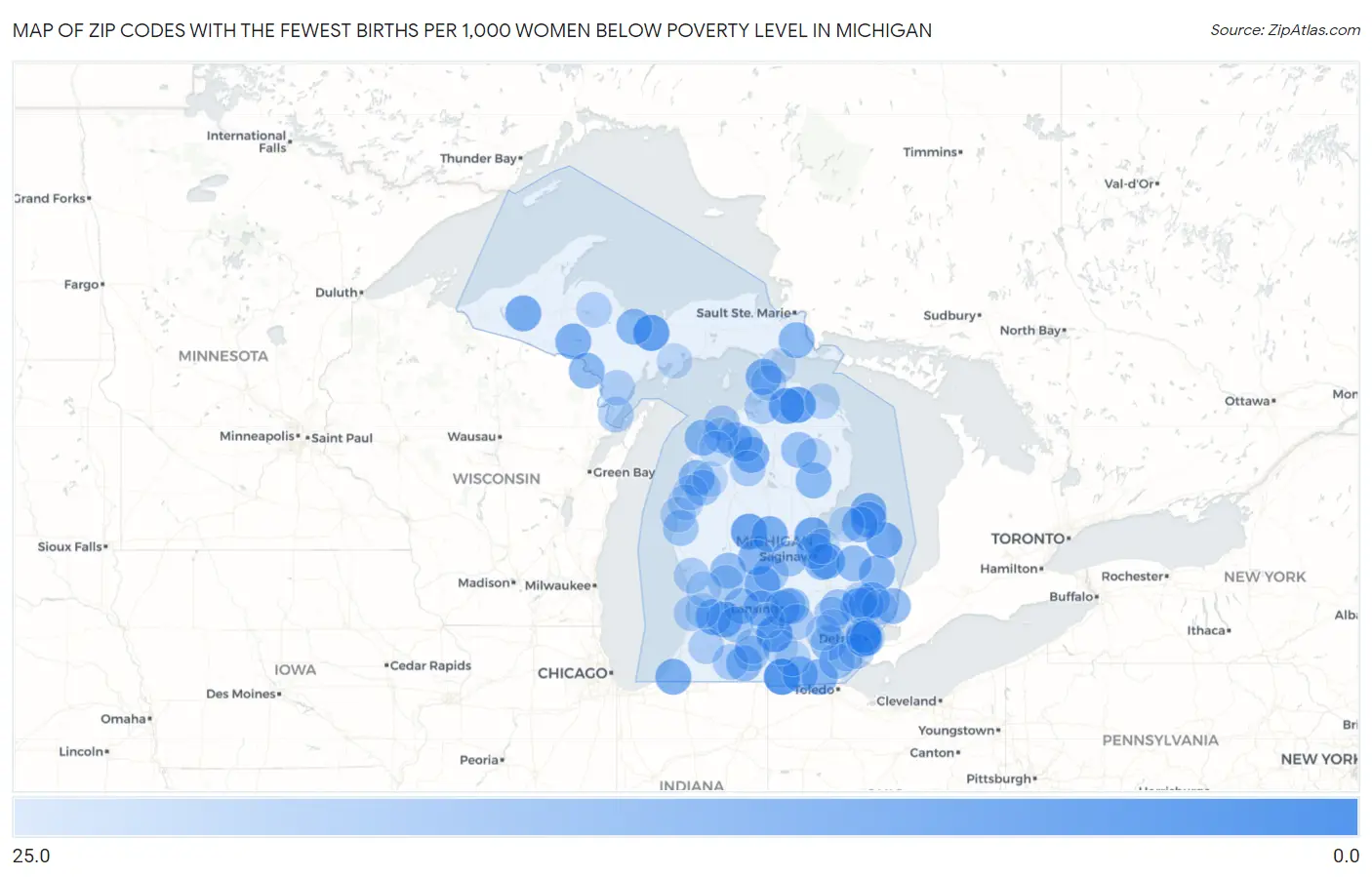Zip Codes with the Fewest Births per 1,000 Women Below Poverty Level in Michigan Map