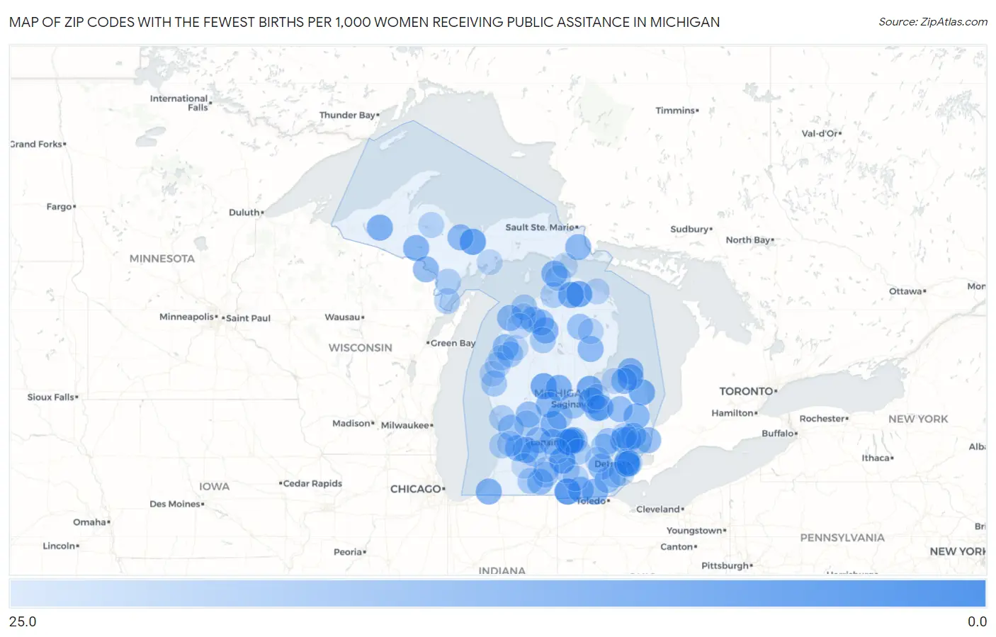 Zip Codes with the Fewest Births per 1,000 Women Receiving Public Assitance in Michigan Map