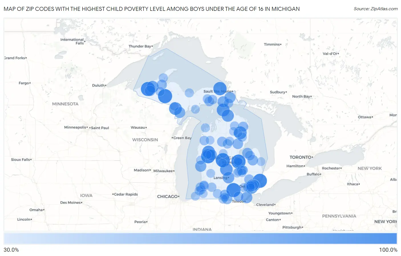 Zip Codes with the Highest Child Poverty Level Among Boys Under the Age of 16 in Michigan Map