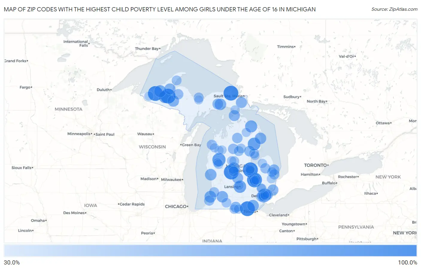 Zip Codes with the Highest Child Poverty Level Among Girls Under the Age of 16 in Michigan Map