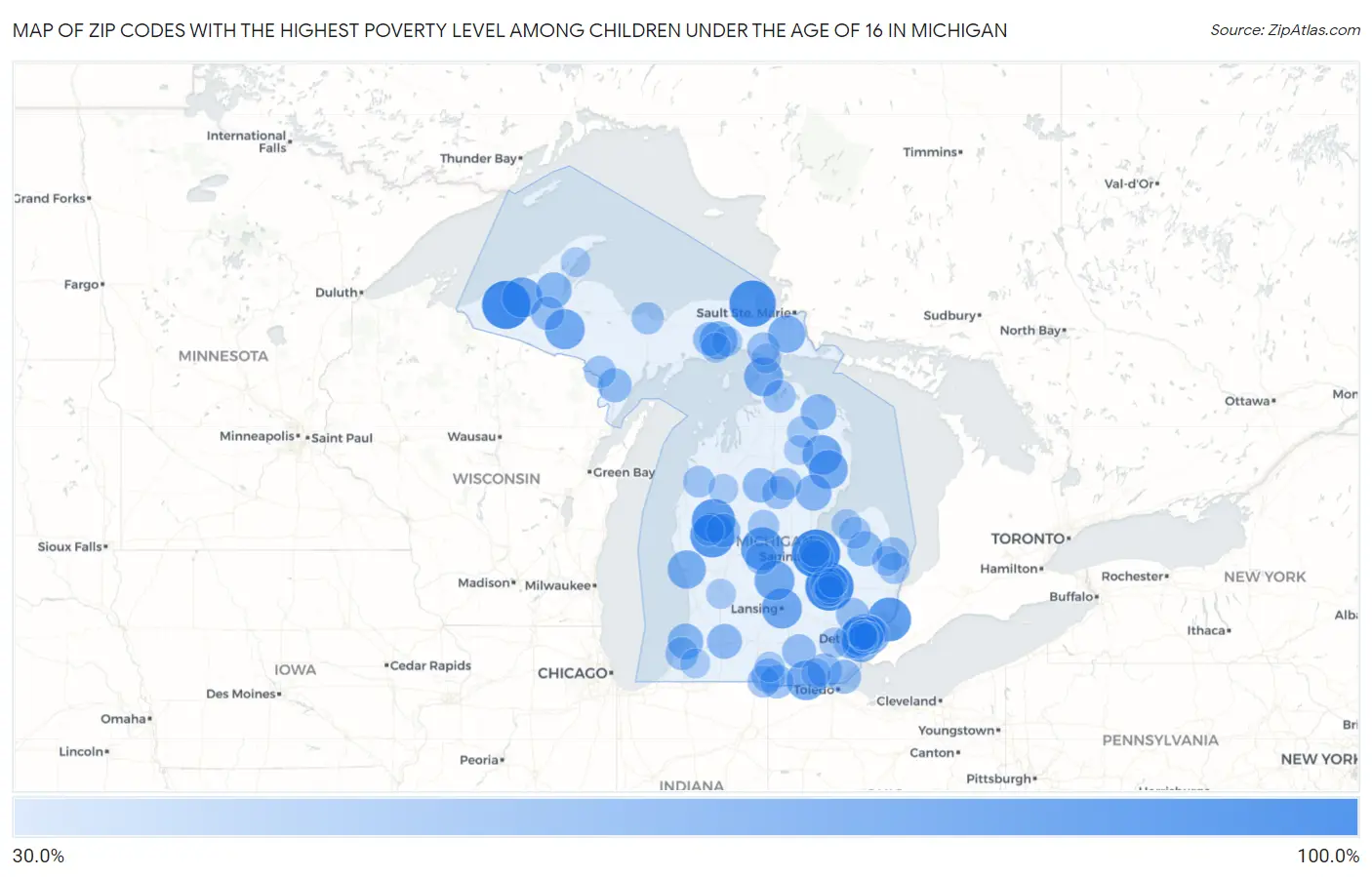 Zip Codes with the Highest Poverty Level Among Children Under the Age of 16 in Michigan Map