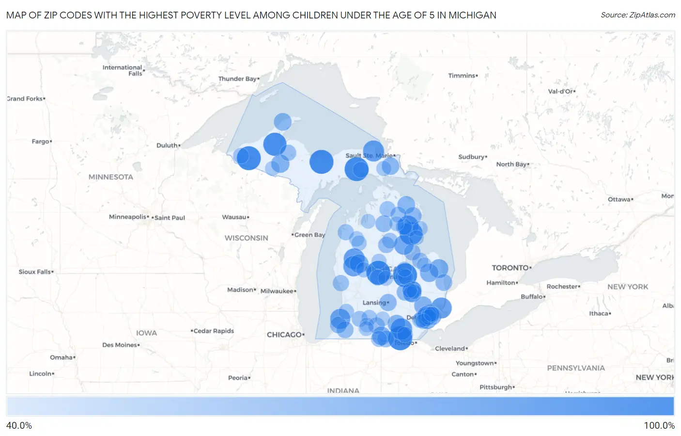 Zip Codes with the Highest Poverty Level Among Children Under the Age of 5 in Michigan Map