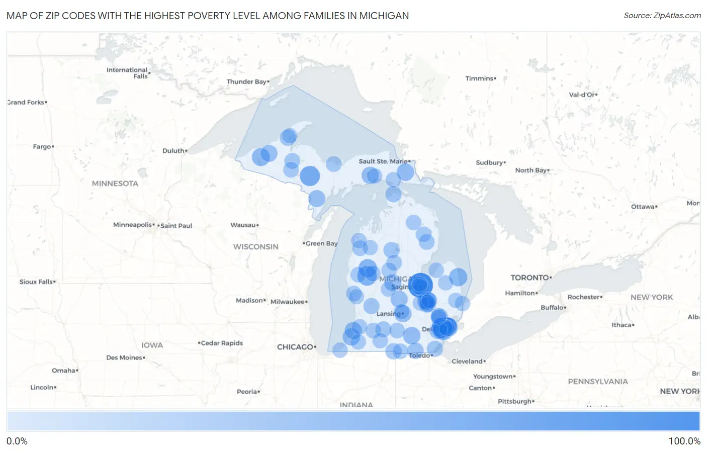Zip Codes with the Highest Poverty Level Among Families in Michigan Map