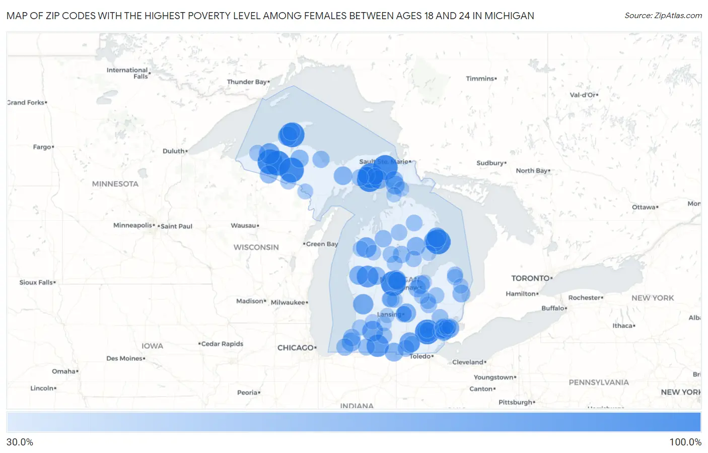 Zip Codes with the Highest Poverty Level Among Females Between Ages 18 and 24 in Michigan Map