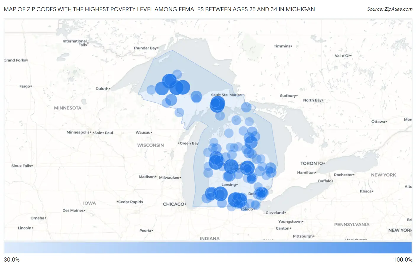 Zip Codes with the Highest Poverty Level Among Females Between Ages 25 and 34 in Michigan Map