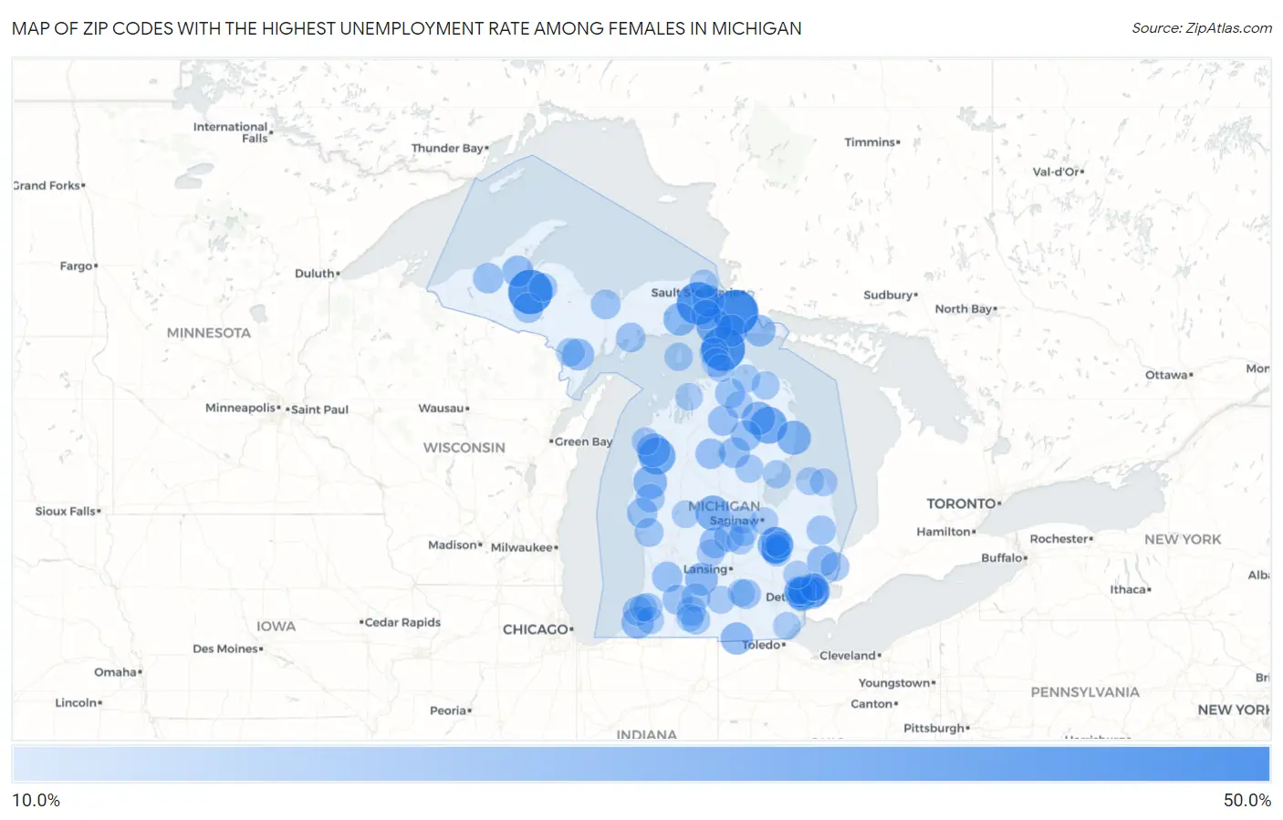 Zip Codes with the Highest Unemployment Rate Among Females in Michigan Map
