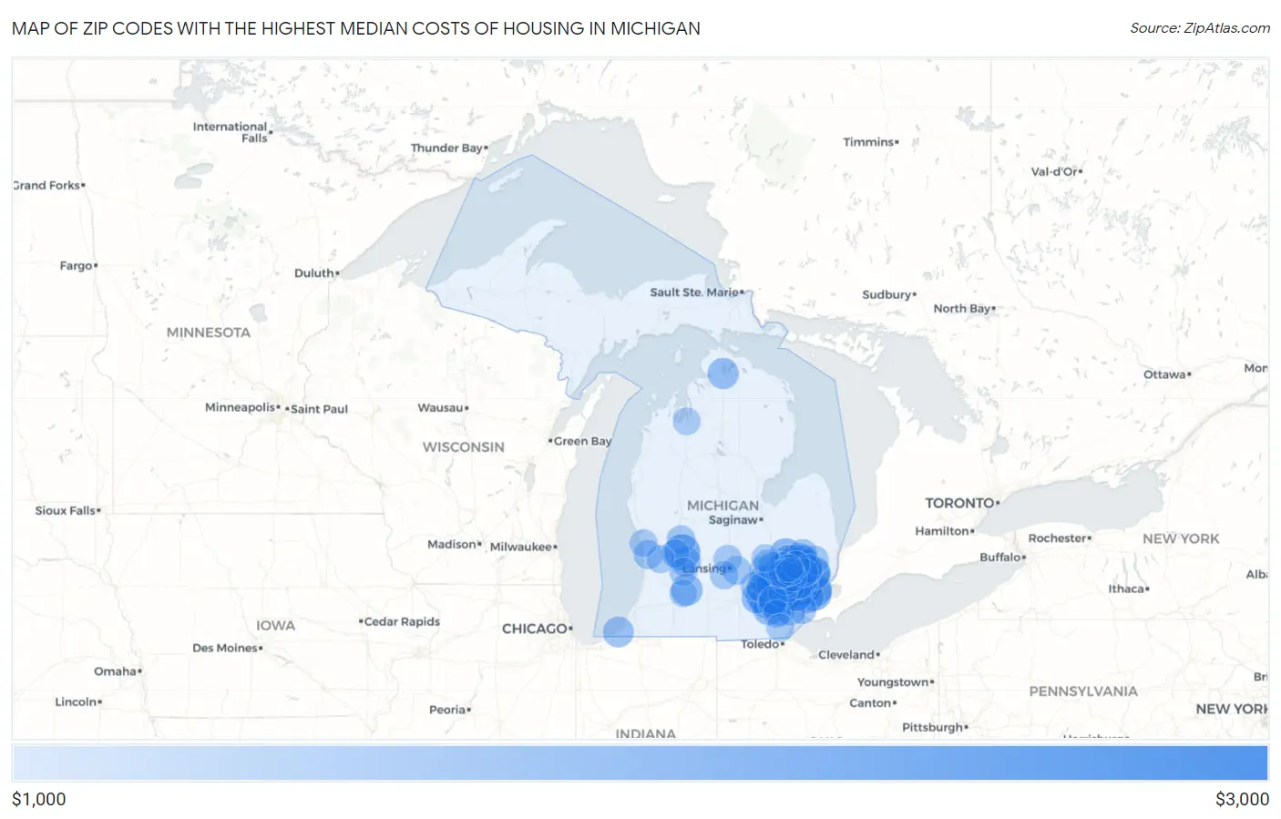 Zip Codes with the Highest Median Costs of Housing in Michigan Map