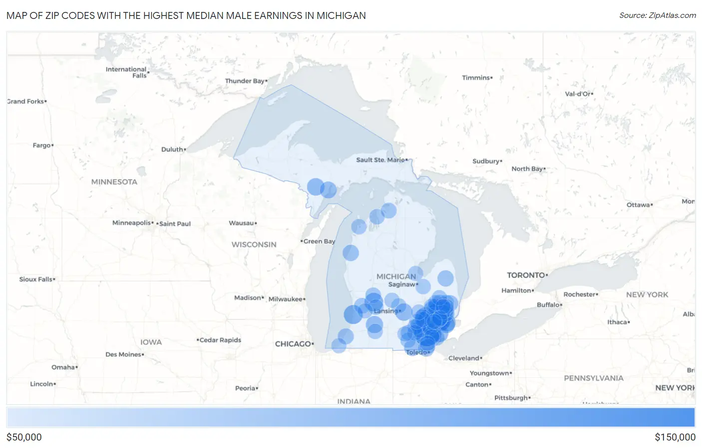 Zip Codes with the Highest Median Male Earnings in Michigan Map