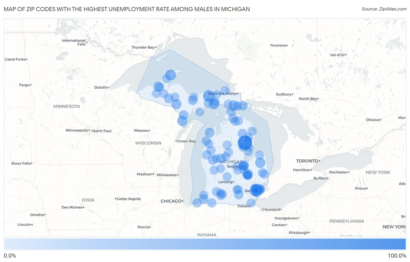 Zip Codes with the Highest Unemployment Rate Among Males in Michigan Map