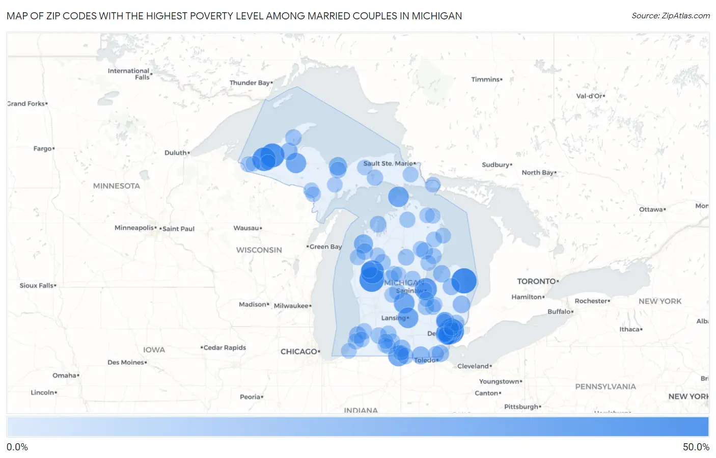 Zip Codes with the Highest Poverty Level Among Married Couples in Michigan Map