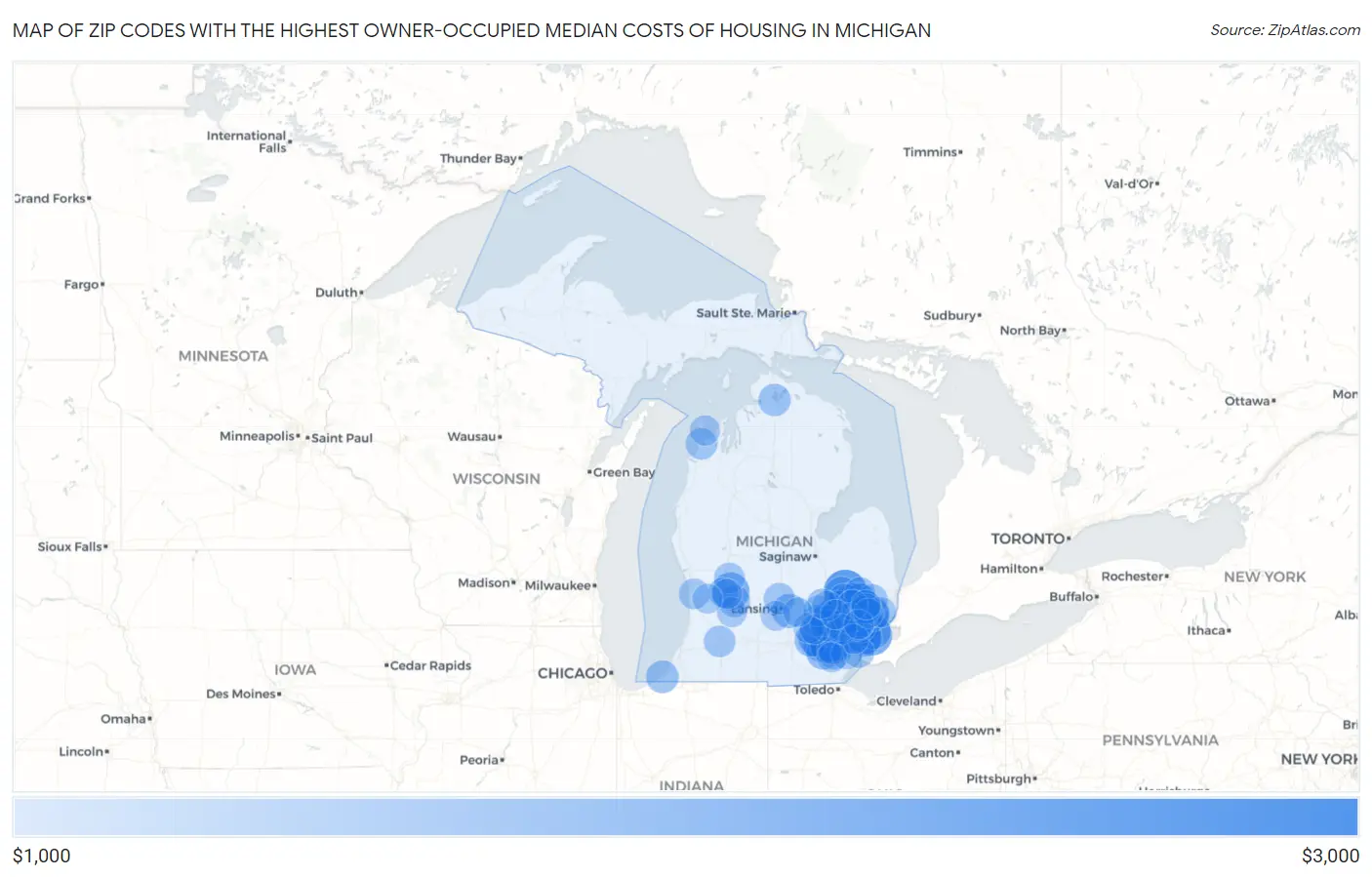 Zip Codes with the Highest Owner-Occupied Median Costs of Housing in Michigan Map