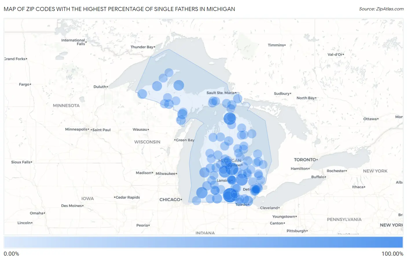 Zip Codes with the Highest Percentage of Single Fathers in Michigan Map