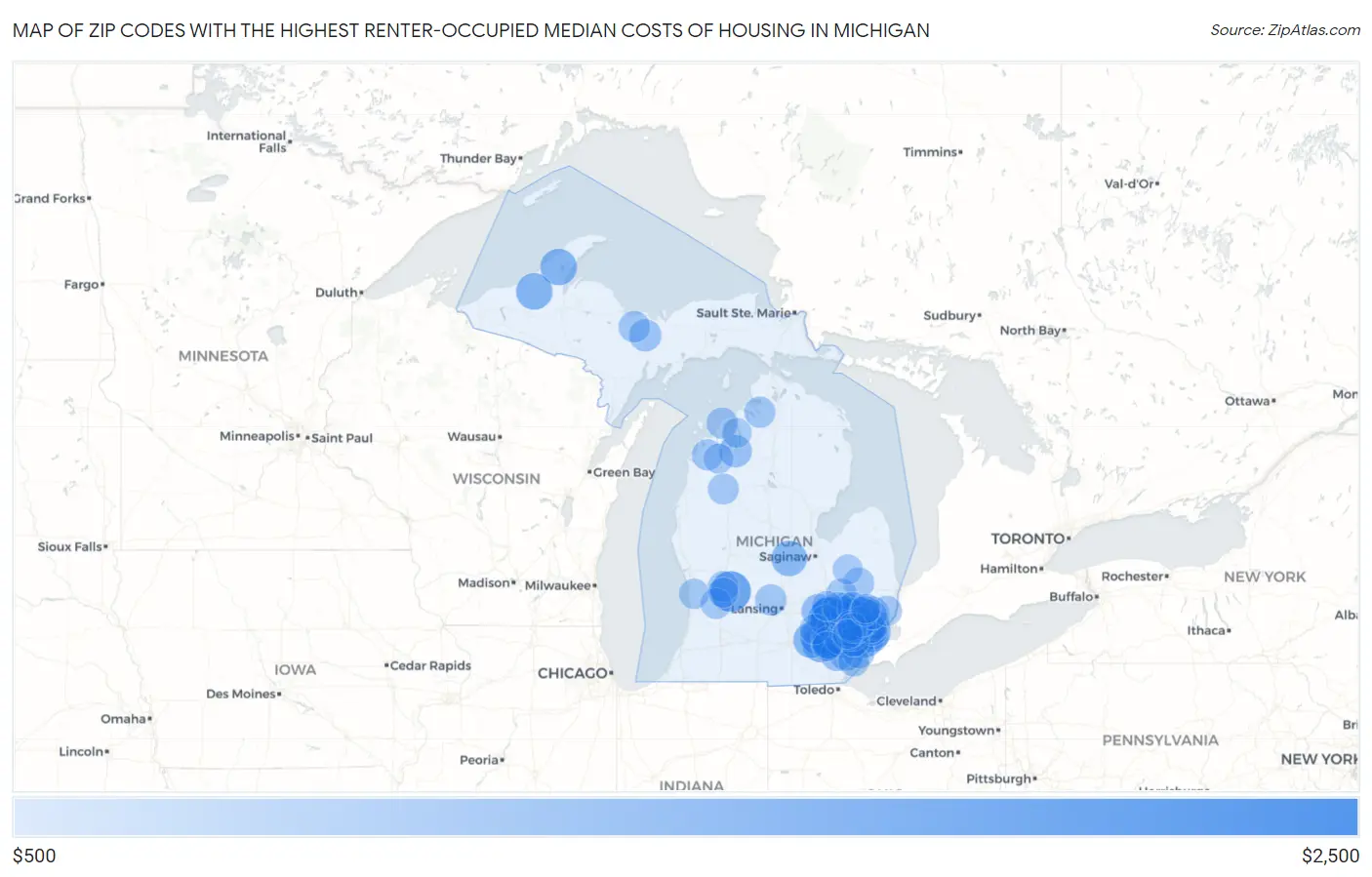 Zip Codes with the Highest Renter-Occupied Median Costs of Housing in Michigan Map
