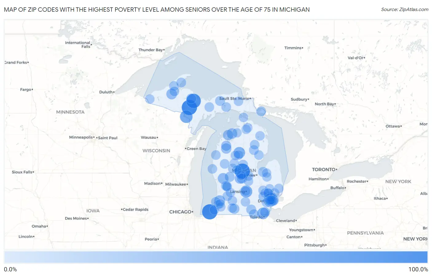 Zip Codes with the Highest Poverty Level Among Seniors Over the Age of 75 in Michigan Map