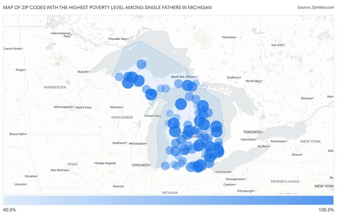 Zip Codes with the Highest Poverty Level Among Single Fathers in Michigan Map