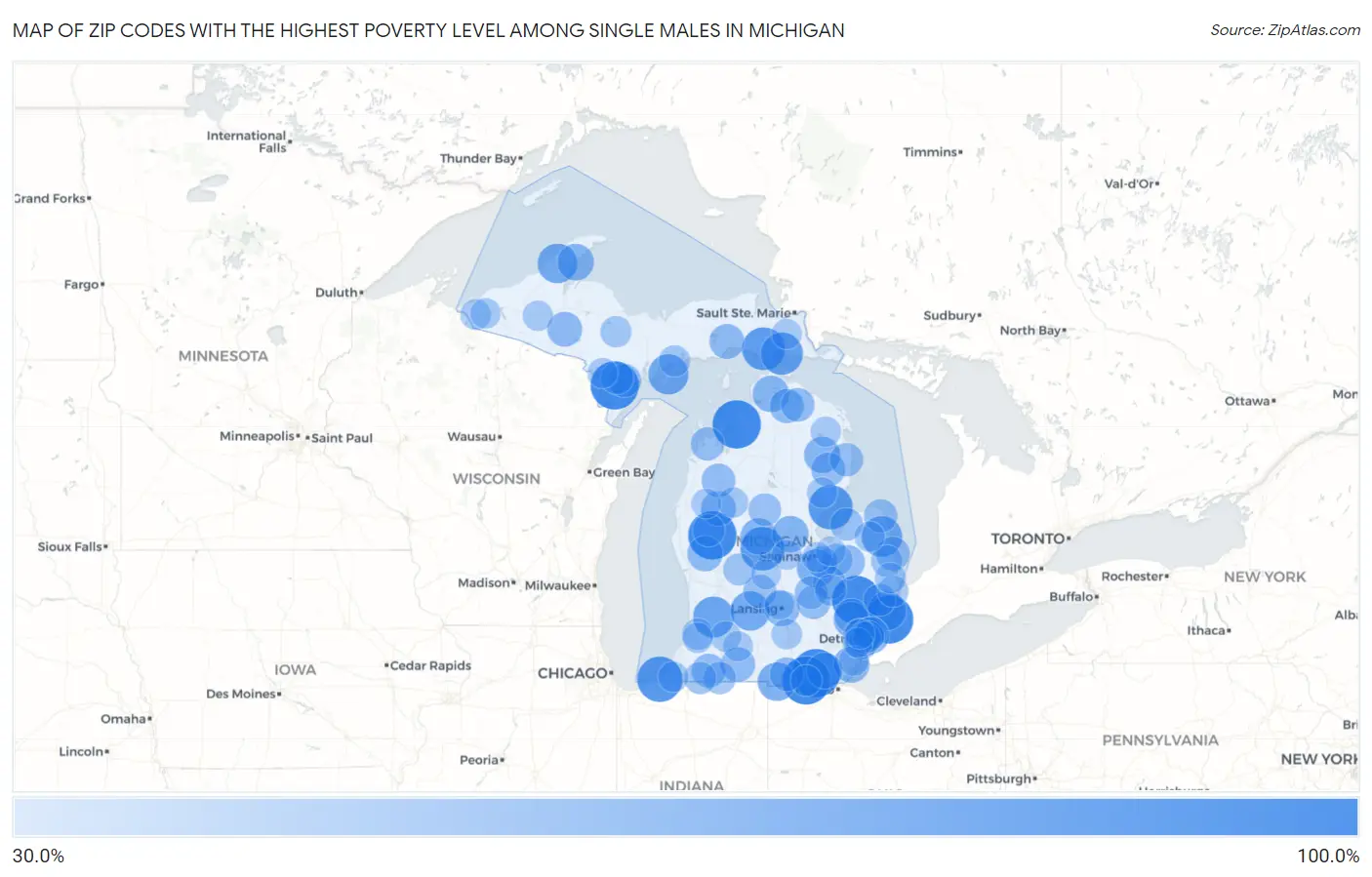 Zip Codes with the Highest Poverty Level Among Single Males in Michigan Map