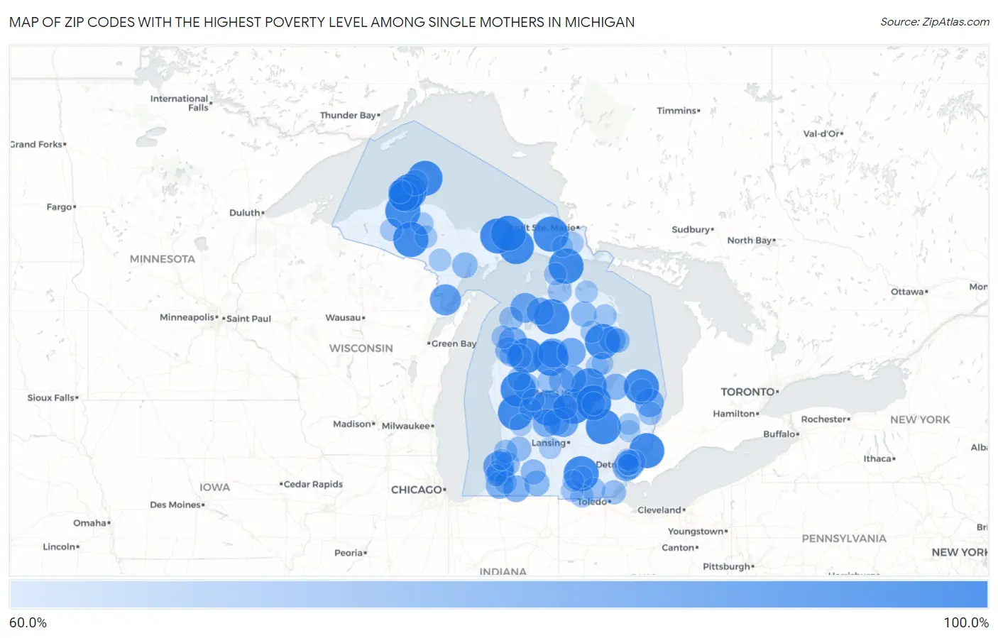 Zip Codes with the Highest Poverty Level Among Single Mothers in Michigan Map