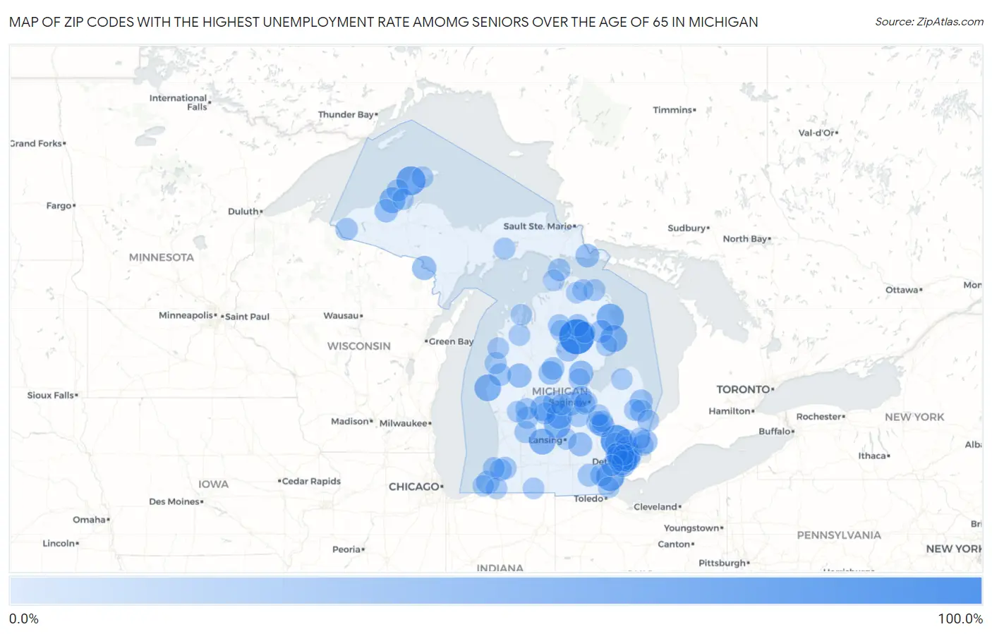Zip Codes with the Highest Unemployment Rate Amomg Seniors Over the Age of 65 in Michigan Map