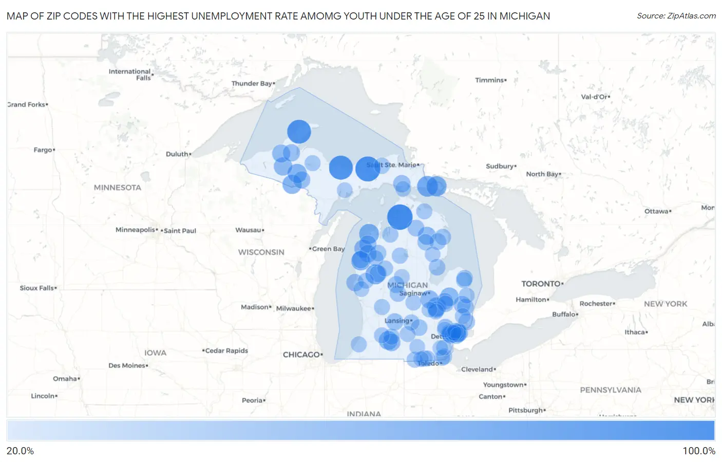 Zip Codes with the Highest Unemployment Rate Amomg Youth Under the Age of 25 in Michigan Map