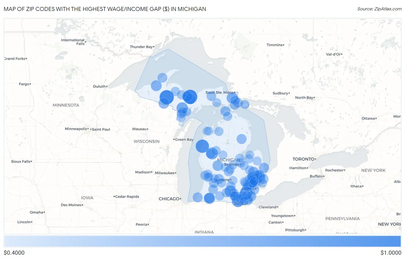Zip Codes with the Highest Wage/Income Gap ($) in Michigan Map