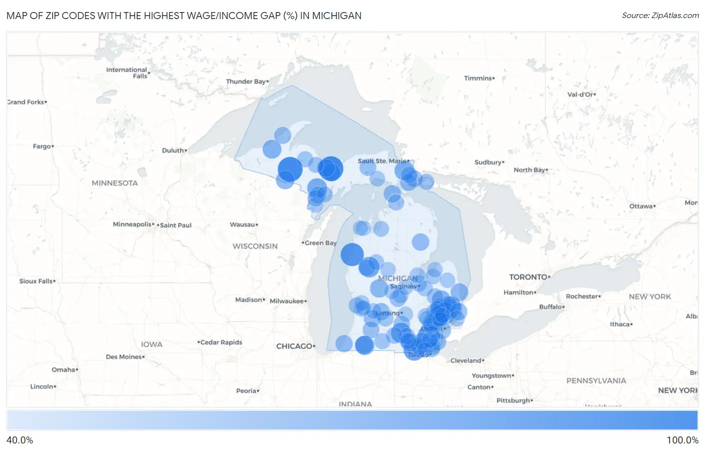 Zip Codes with the Highest Wage/Income Gap (%) in Michigan Map
