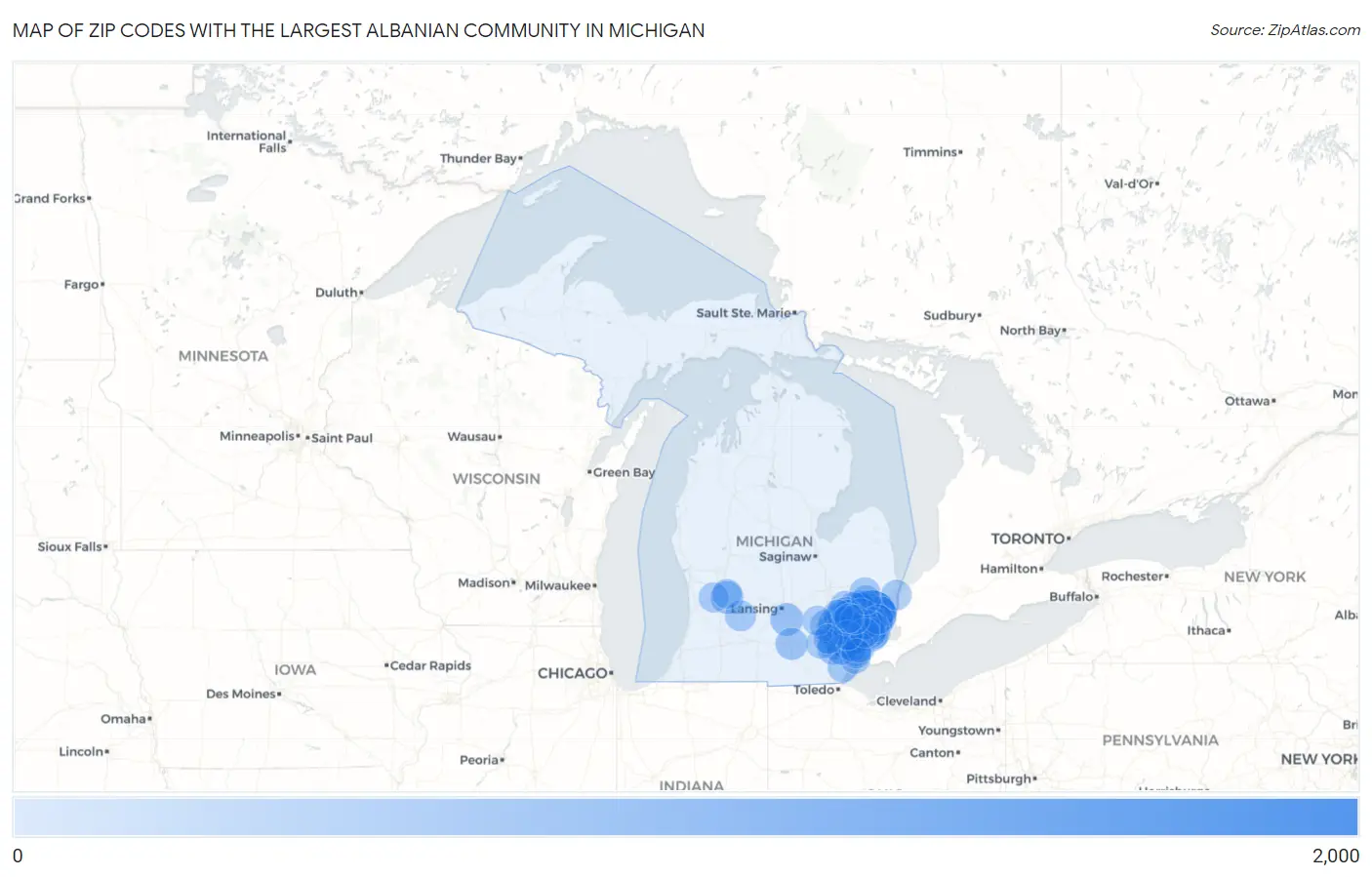 Zip Codes with the Largest Albanian Community in Michigan Map