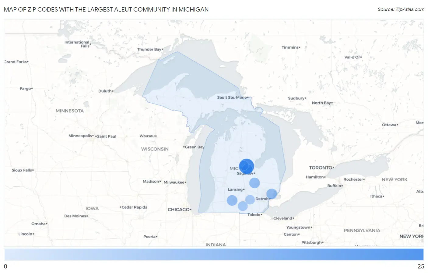 Zip Codes with the Largest Aleut Community in Michigan Map