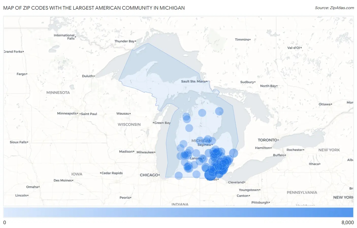 Zip Codes with the Largest American Community in Michigan Map