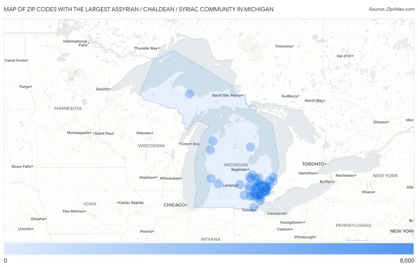Zip Codes with the Largest Assyrian / Chaldean / Syriac Community in Michigan Map