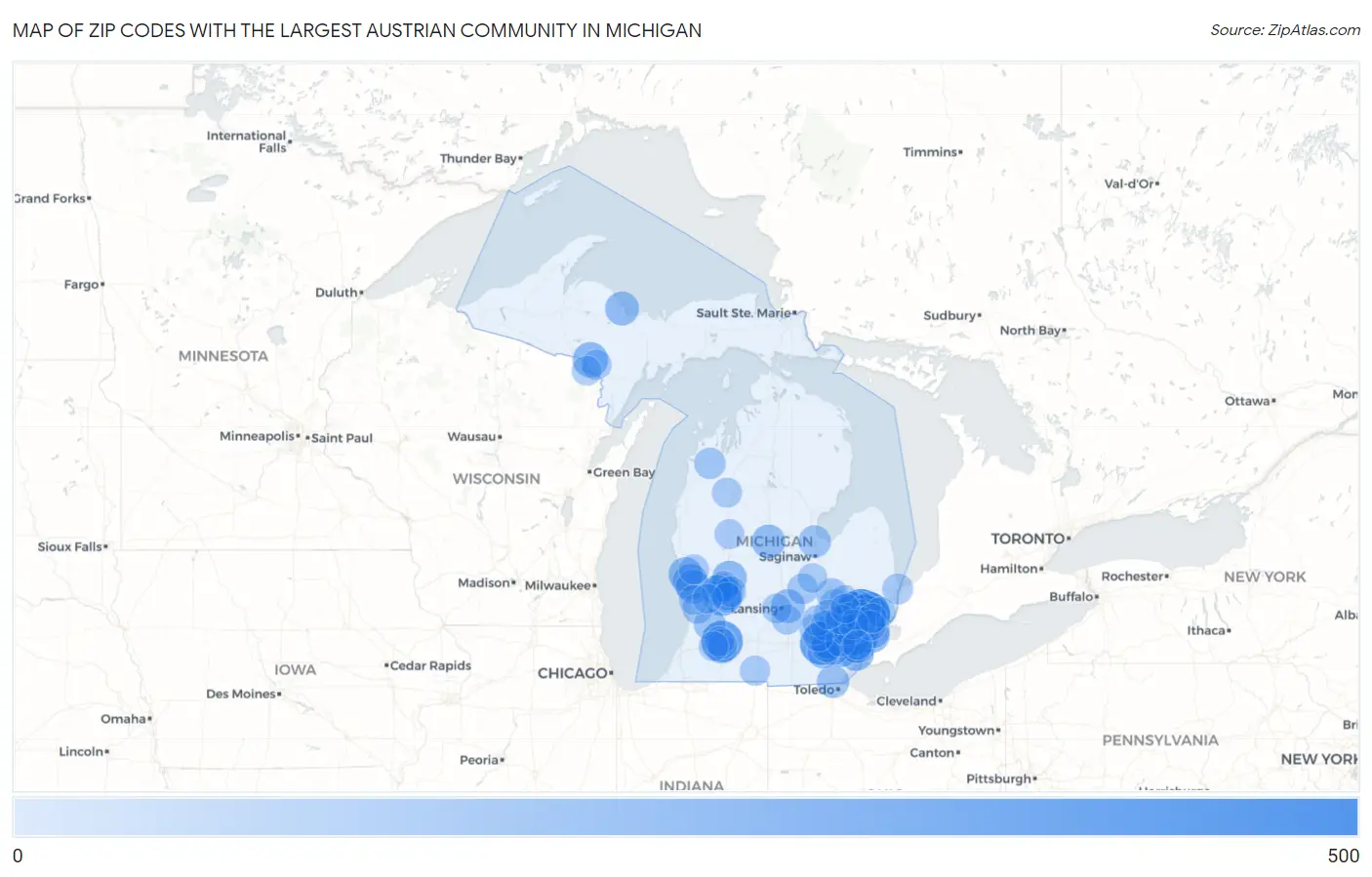 Zip Codes with the Largest Austrian Community in Michigan Map