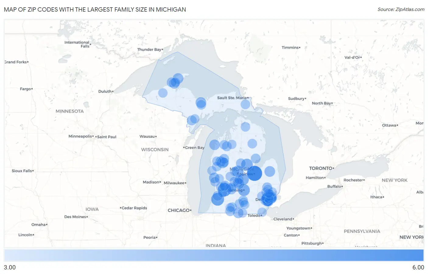 Zip Codes with the Largest Family Size in Michigan Map