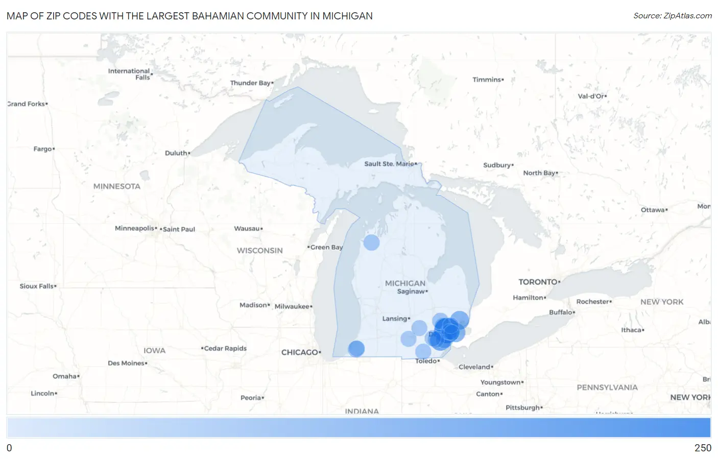 Zip Codes with the Largest Bahamian Community in Michigan Map