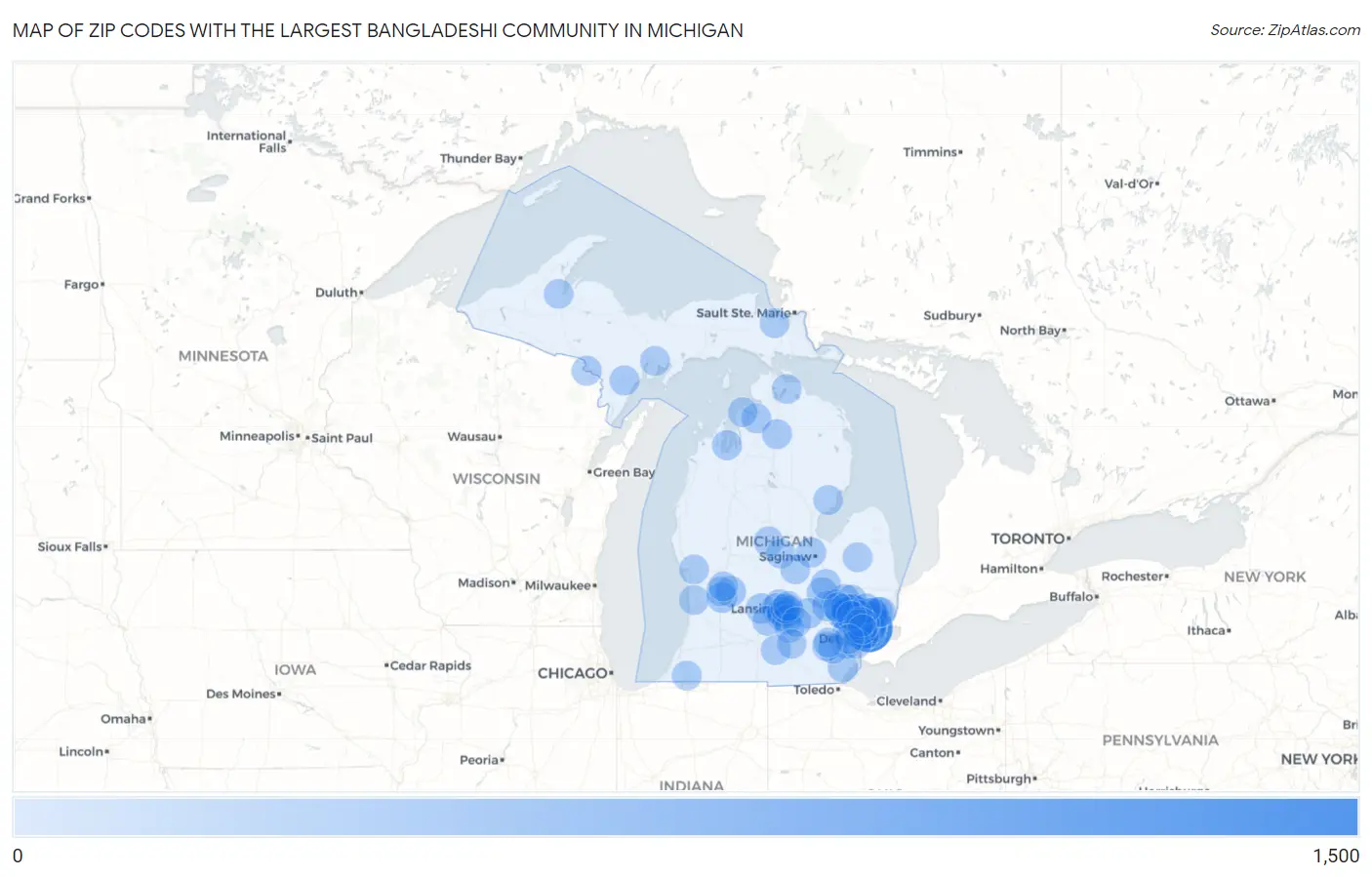 Zip Codes with the Largest Bangladeshi Community in Michigan Map