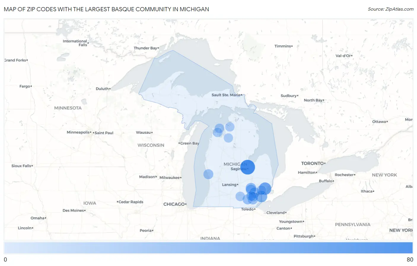 Zip Codes with the Largest Basque Community in Michigan Map