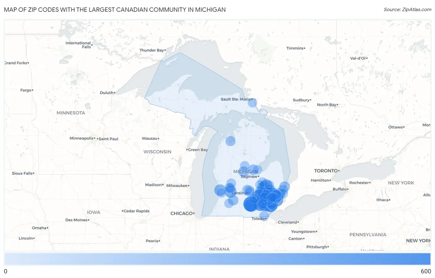 Zip Codes with the Largest Canadian Community in Michigan Map