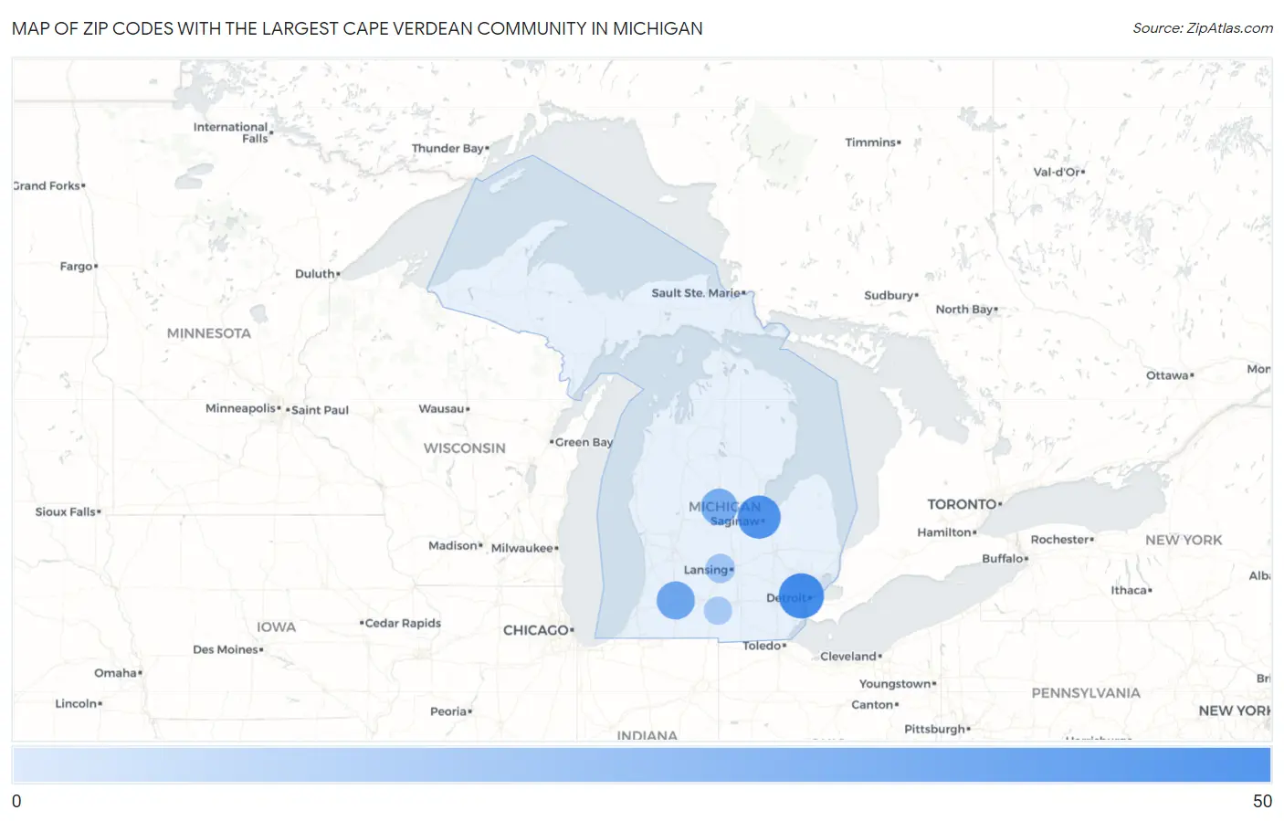 Zip Codes with the Largest Cape Verdean Community in Michigan Map