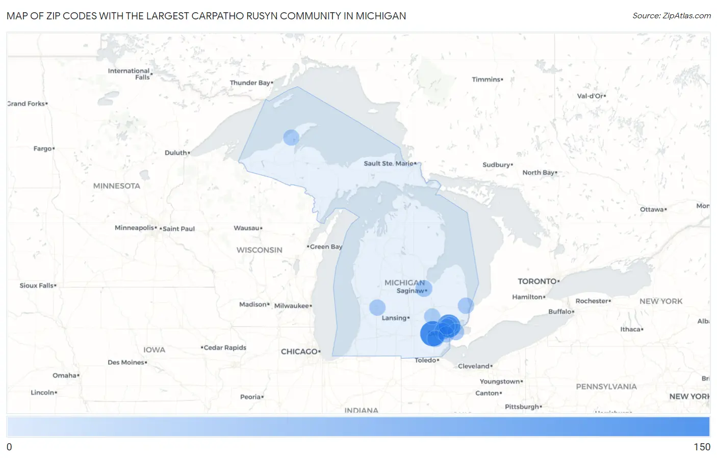 Zip Codes with the Largest Carpatho Rusyn Community in Michigan Map