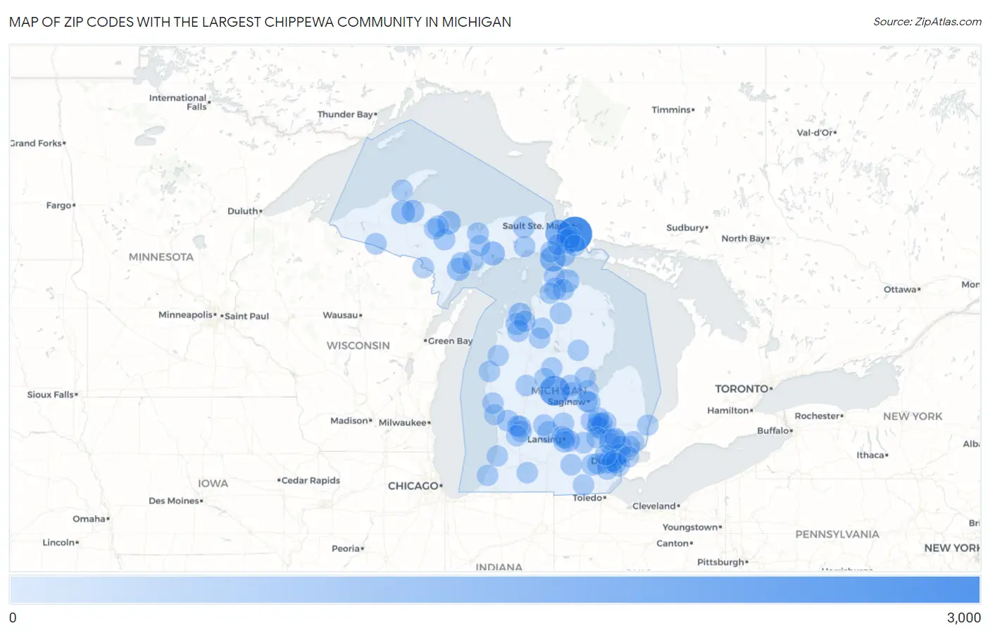 Zip Codes with the Largest Chippewa Community in Michigan Map