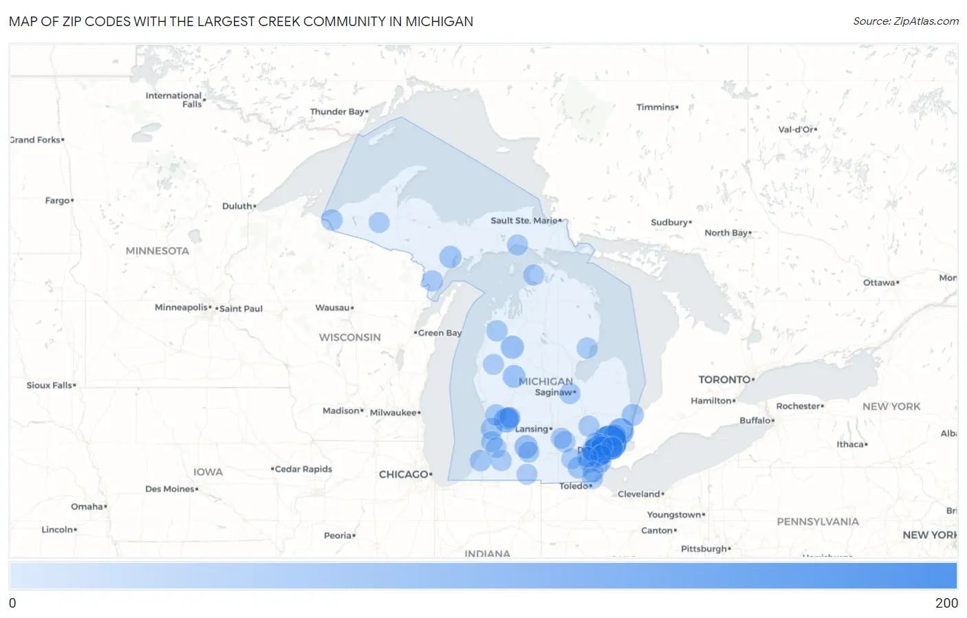 Zip Codes with the Largest Creek Community in Michigan Map