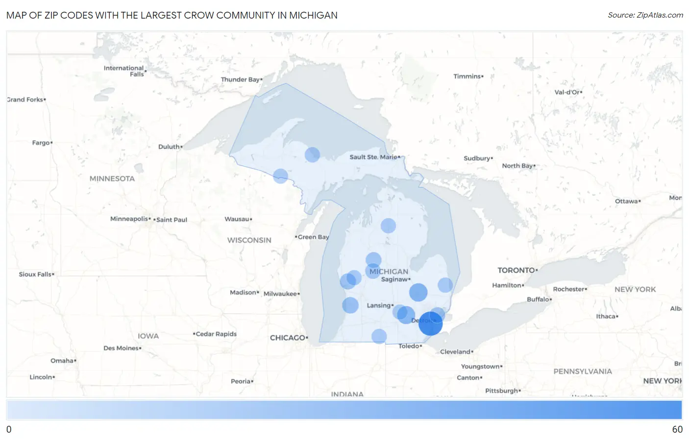 Zip Codes with the Largest Crow Community in Michigan Map