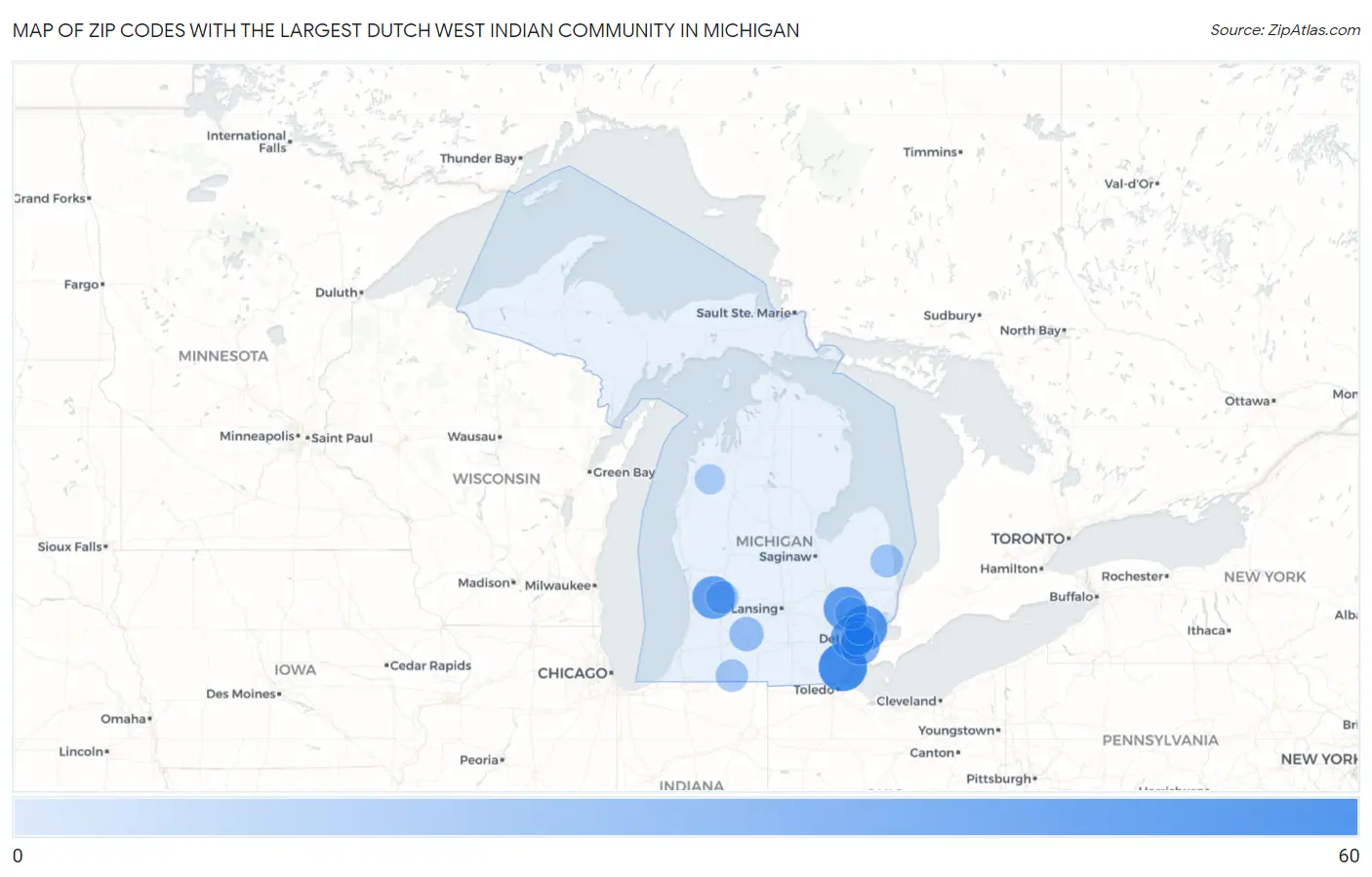 Zip Codes with the Largest Dutch West Indian Community in Michigan Map
