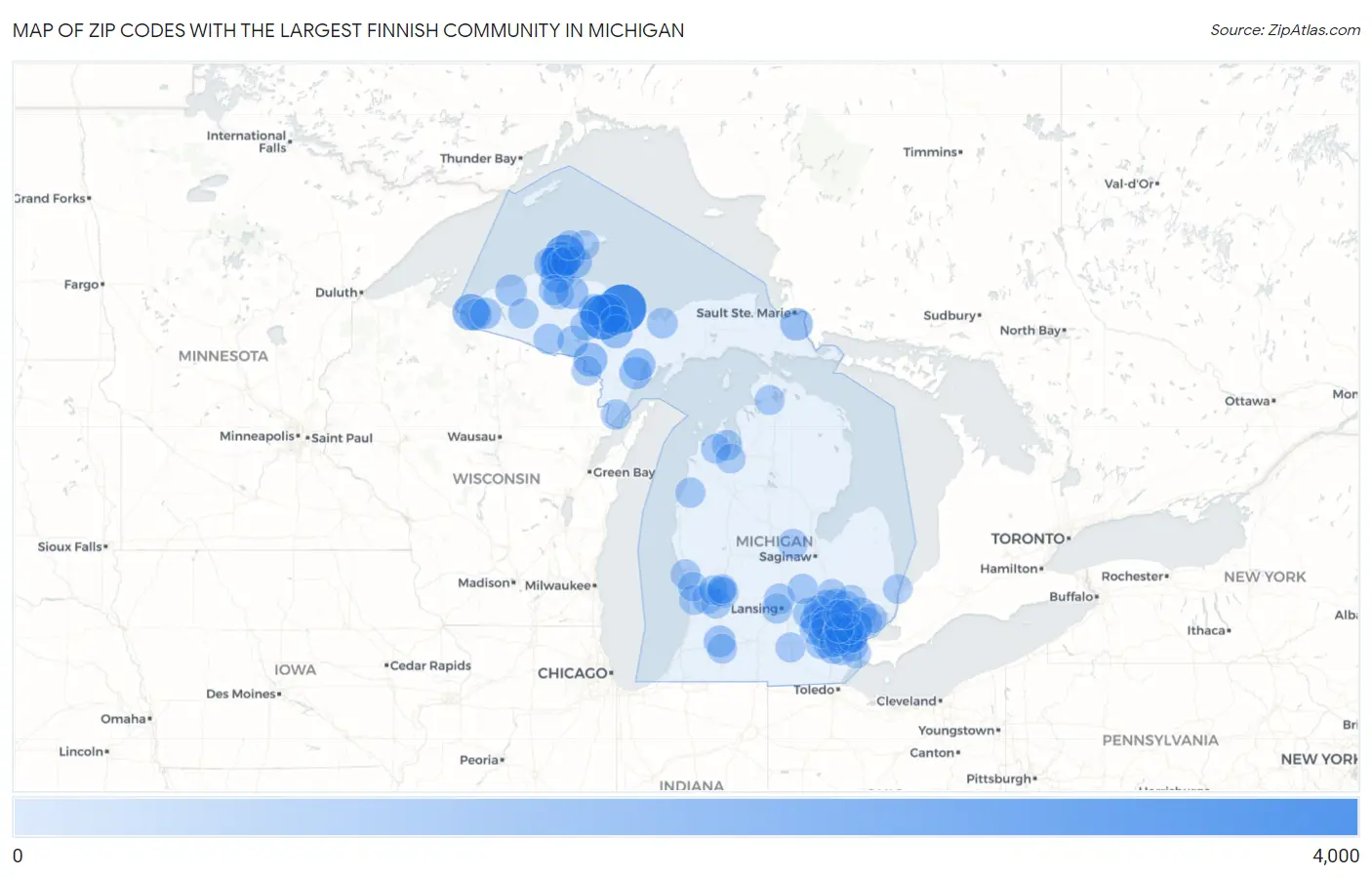 Zip Codes with the Largest Finnish Community in Michigan Map